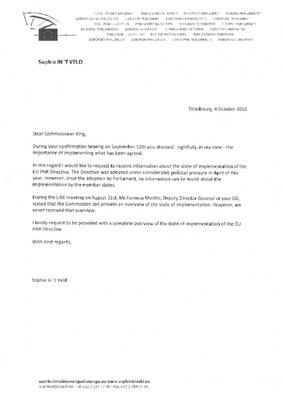 Letter to counter terrorism coordinator De Kerchove and to EU Commissioner King